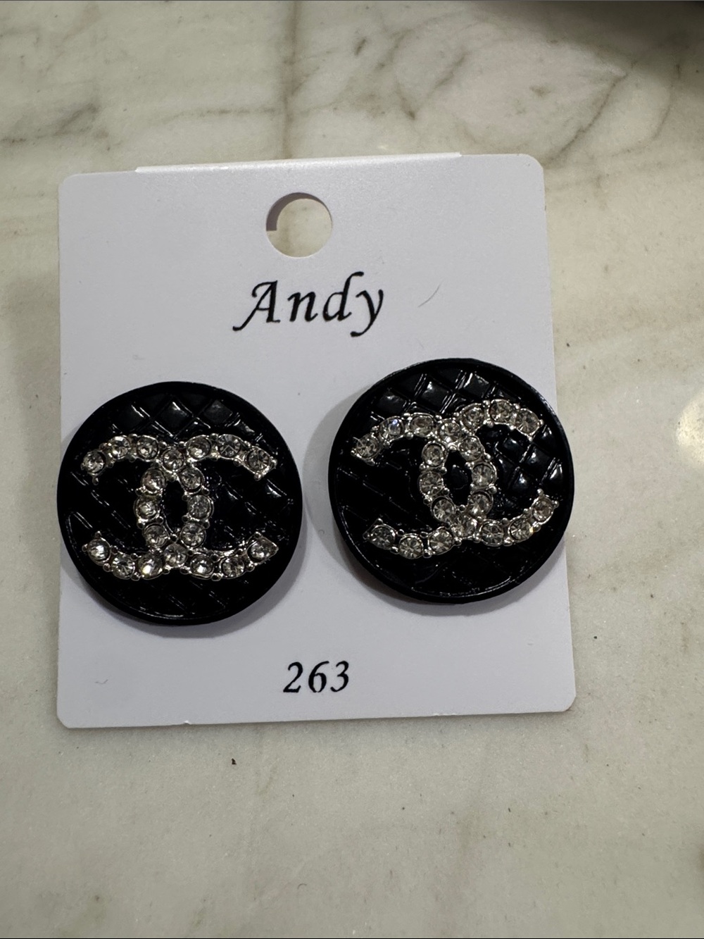 Black Crystal Logo Round Stud Earrings - Picture 3 of 6